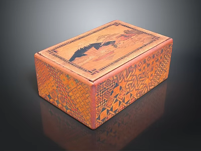 Decorative Orange Storage Box With Black Geometric Patterns And Animal Designs 3d model