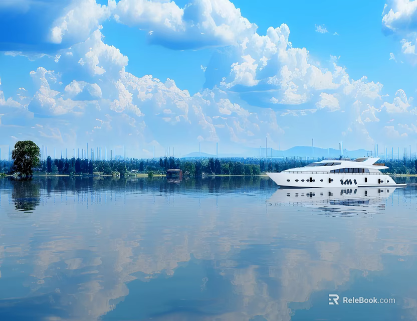 Tranquil Lake Landscape With White Yacht Cloud Reflections Blue Sky And Distant Mountains 3d model 