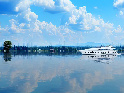 Tranquil Lake Landscape With White Yacht Cloud Reflections Blue Sky And Distant Mountains 3d model