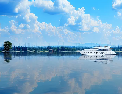 Tranquil Lake Landscape With White Yacht Cloud Reflections Blue Sky And Distant Mountains 3d model
