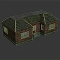 Cartoon Style House Scene with Red Brick Exterior Gray Roof Windows Door and Steps