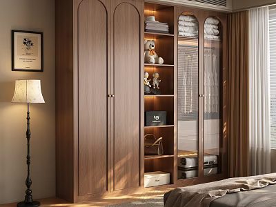 Modern Wooden Wardrobe With Glass Doors Open Shelves And Storage Compartments 3d model