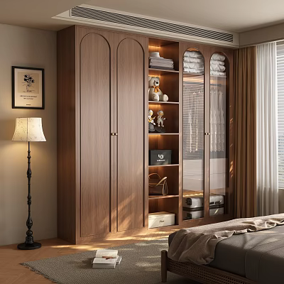 Modern Wooden Wardrobe With Glass Doors Open Shelves And Storage Compartments 3d model