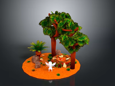 Lush Green Leafy Trees With Brown Trunks Potted Plant And Small Decorations On Orange Ground 3d model