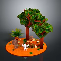 Lush Green Leafy Trees With Brown Trunks Potted Plant And Small Decorations On Orange Ground
