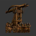 Medieval Siege Weapon Wooden Catapult With Wheels Operated By Soldiers Historical War Machinery
