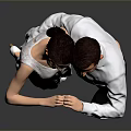 Woman in white dress making heart shape with man against gray background and floor reflection