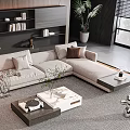 Elegant Modern Living Room With Light Beige Sofa Multiple Cushions And Coffee Table Set 3d model