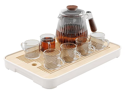 Clear Glass Tableware Set with Teapot and Cups on Wooden Tray for Home Use 3d model