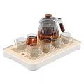 Clear Glass Tableware Set with Teapot and Cups on Wooden Tray for Home Use 3d model