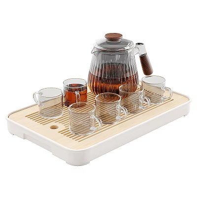 Clear Glass Tableware Set with Teapot and Cups on Wooden Tray for Home Use 3d model