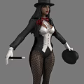 Woman Wearing Black Top Hat White Corset Fishnet Stockings Holding Cane with Rose Bow Tie 3d model