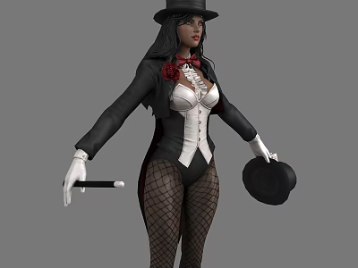 Woman Wearing Black Top Hat White Corset Fishnet Stockings Holding Cane with Rose Bow Tie 3d model
