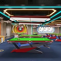 Modern Billiard Room Interior With Neon Lights Billiard Tables And Comfortable Seats