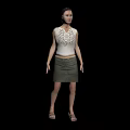 Woman in Sleeveless Top with Floral Design and Gray Skirt Standing in White Background with Sandals
