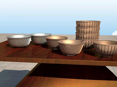Metal Bowl Set with Silver and Gold Finish Stacked and Separated on Wooden Table 3d model