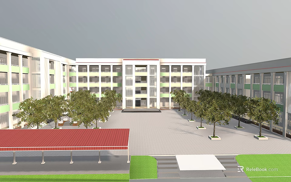 Spacious Campus Square With Multi Story School Building Entrance Trees Red Roof And Green Lawns 3d model 