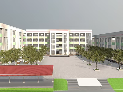 Spacious Campus Square With Multi Story School Building Entrance Trees Red Roof And Green Lawns 3d model