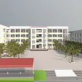 Spacious Campus Square With Multi Story School Building Entrance Trees Red Roof And Green Lawns