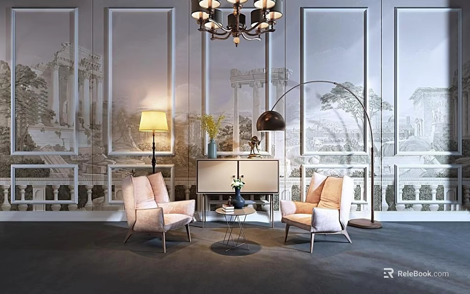 Modern Casual Sofa Set In Living Room With Coffee Table And Floor Lamp 3d model 