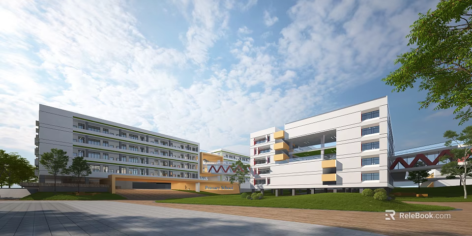 Modern Multi Story School Building With White Facade Green Lawn And Blue Sky 3d model 