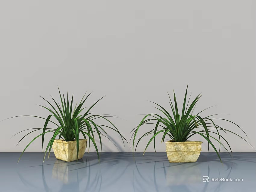 Two Green Bonsai Potted Plants With Slender Leaves In Yellow Textured Pots On Light Background 3d model 