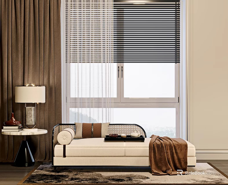 Elegant White Chaise Lounge In Modern Living Room With Brown Throw Blanket And Window Blinds 3d model 