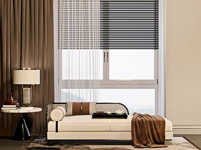 Elegant White Chaise Lounge In Modern Living Room With Brown Throw Blanket And Window Blinds 3d model