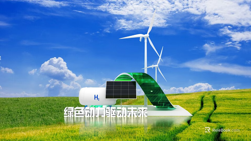 Green Energy Check in Spot with Wind Turbines Solar Panels Green Grassland and Blue Sky 3d model 