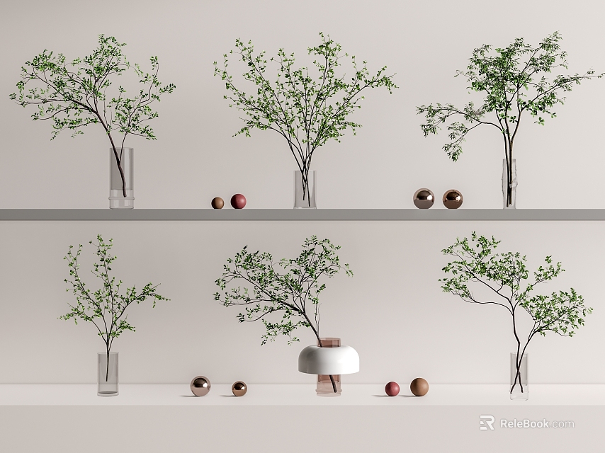 Green Branches in Glass Vases on White Shelf with Decorative Balls 3d model 