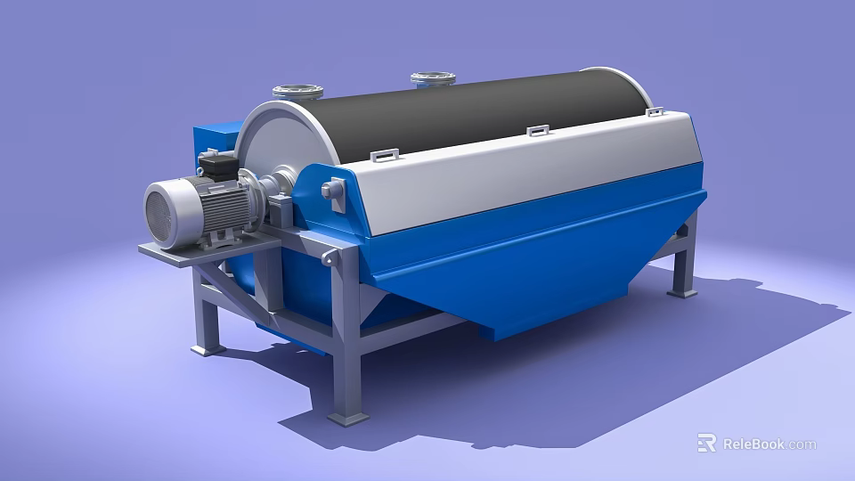 Industrial Rotary Drum Filter Machine with Blue Silver Body Electric Motor and Metal Stand 3d model 