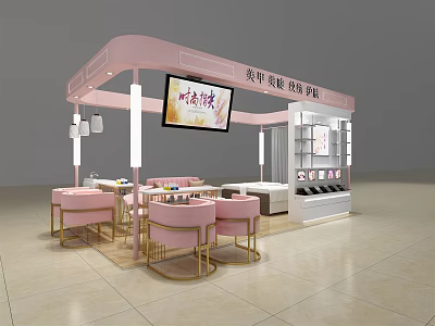 Pink Beauty Booth For Manicure Eyelash Skincare With Tables Chairs And Display Cabinets 3d model