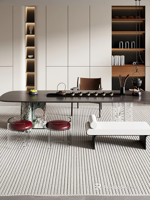 Modern Tea Table With Transparent Legs Red Stools White Bench And Tea Utensils 3d model 