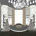 Luxurious Wedding Dress Store Interior Featuring Marble Walls Crystal Chandelier Mannequins Gowns And Round Stool