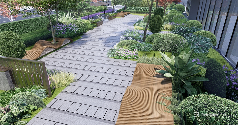 Well Designed Courtyard Garden With Stone Pathway Neat Hedges Colorful Flowers And Wooden Benches 3d model 