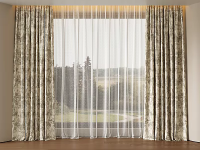 Patterned Beige Curtains With Sheer Layer For Room Interior And Outside Window View 3d model