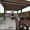 Outdoor Wooden Dining Furniture Set With Poolside Patio And Green Garden Plants