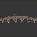 Classical Arch Bridge 3D Model With Red Brick Material And Street Lamps On Both Sides
