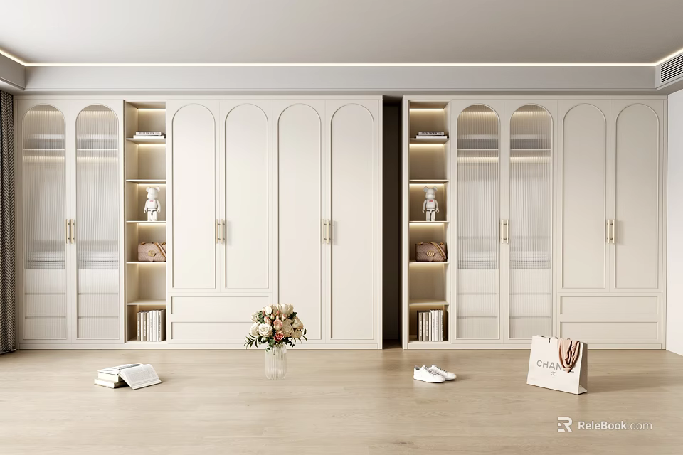 Modern White Wardrobe Interior Featuring Glass Doors Shelves Lighting And Decorative Flower Vase 3d model 