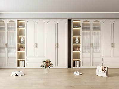 Modern White Wardrobe Interior Featuring Glass Doors Shelves Lighting And Decorative Flower Vase 3d model