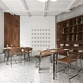 Modern Restaurant Interior With Wooden Tables Chairs Hanging Lights Plants And Open Space