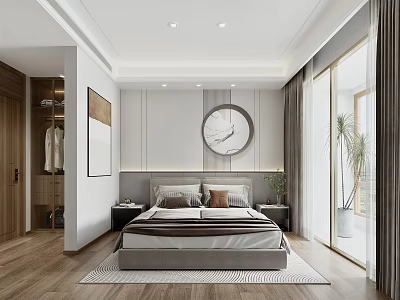 Modern Bedroom Interior With Wooden Flooring Round Mirror Nightstands Plants And Large Windows 3d model
