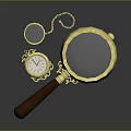 Vintage Magnifying Glass With Wooden Handle Gold Frame Chain And Small Lenses