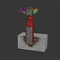 Red Industrial Mechanical Device Mounted On Concrete Base With Metal Parts