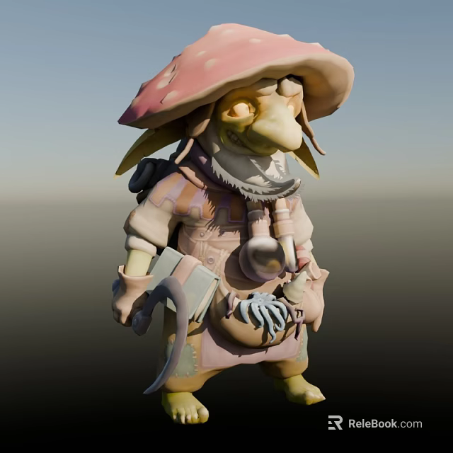 3D Fantasy Game Movie Character Featuring Mushroom Hat Pointed Nose Patched Clothes And Tools 3d model 