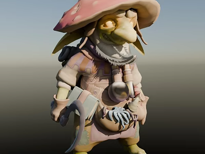 3D Fantasy Game Movie Character Featuring Mushroom Hat Pointed Nose Patched Clothes And Tools 3d model