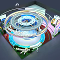 Modern Exhibition Booth Design With Large Cityscape Displays And Illuminated Structure