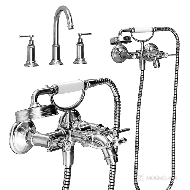 Chrome Shower System With Fixed Head Handheld Spray Control Knobs And Metal Hose 3d model