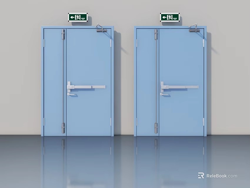 Two Blue Swing Doors with Green Exit Signs in Interior with Reflective Floor 3d model