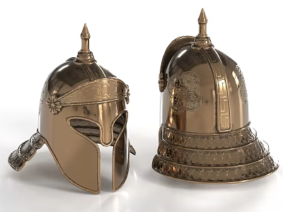 Two Ancient Metallic Helmets Featuring Spiked Tops And Ornate Decorative Designs 3d model